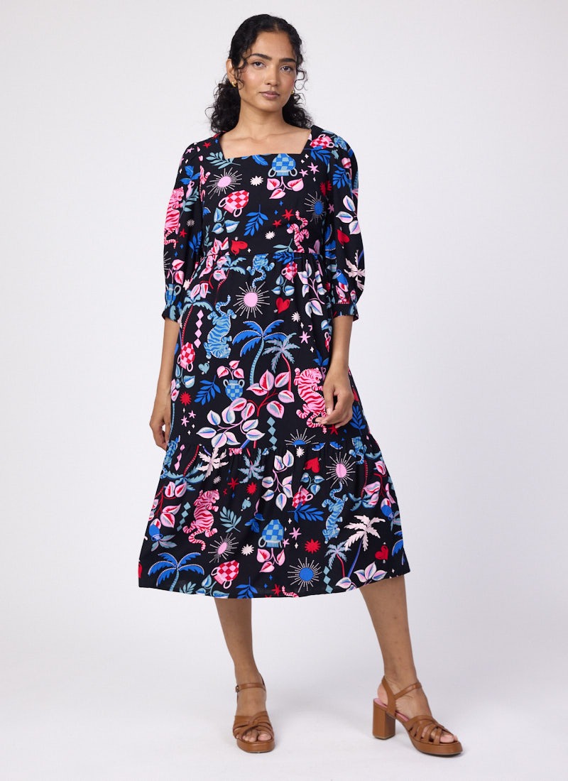 Candi Tropical Tiger Print Square Neck Midi Dress