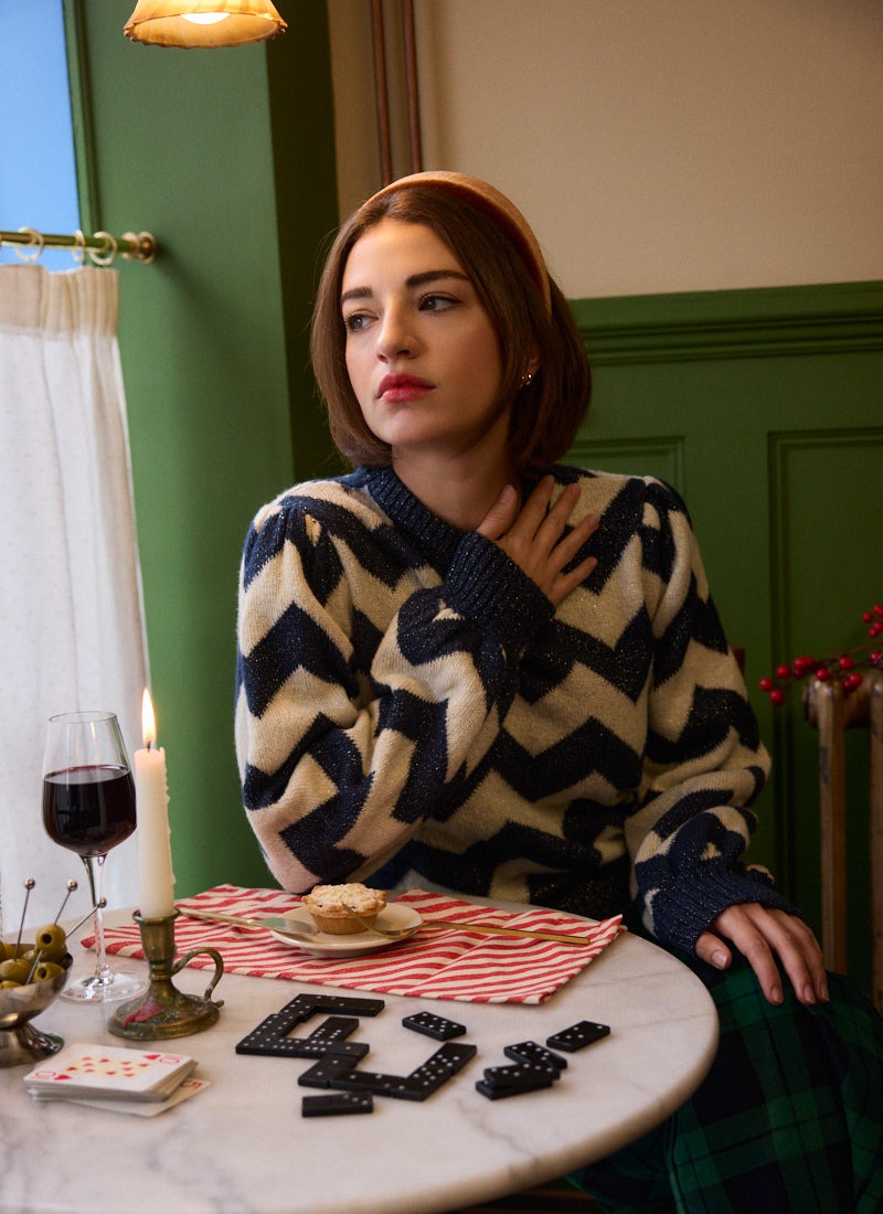 Dita Chevron Stripe Sparkly Knitted Jumper - Navy