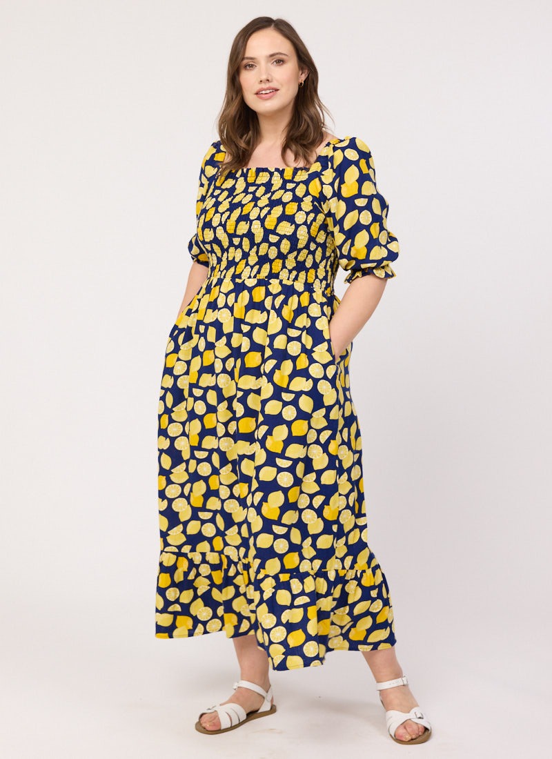 Cinna Lemon Print Square Neck Midi Dress