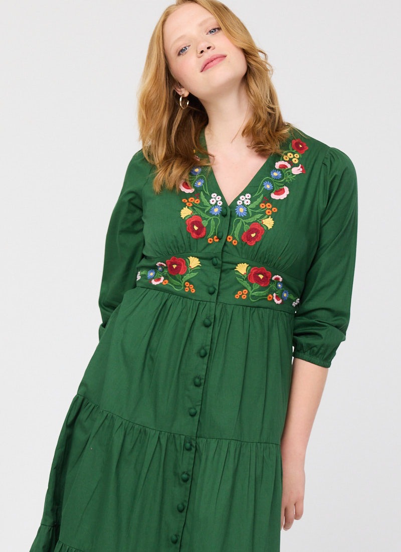 Catalina Green Vintage Floral Embroidered Dress