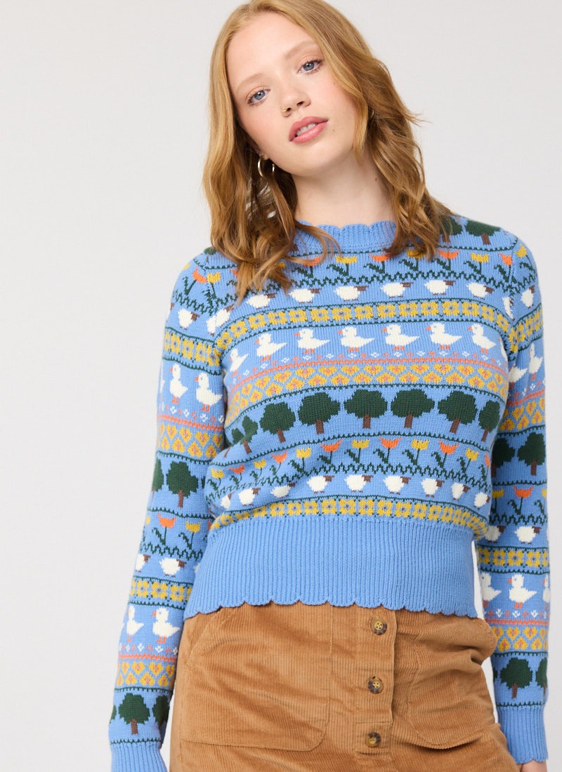 Clarence Farmyard Fair Isle Scalloped Knitted Jumper