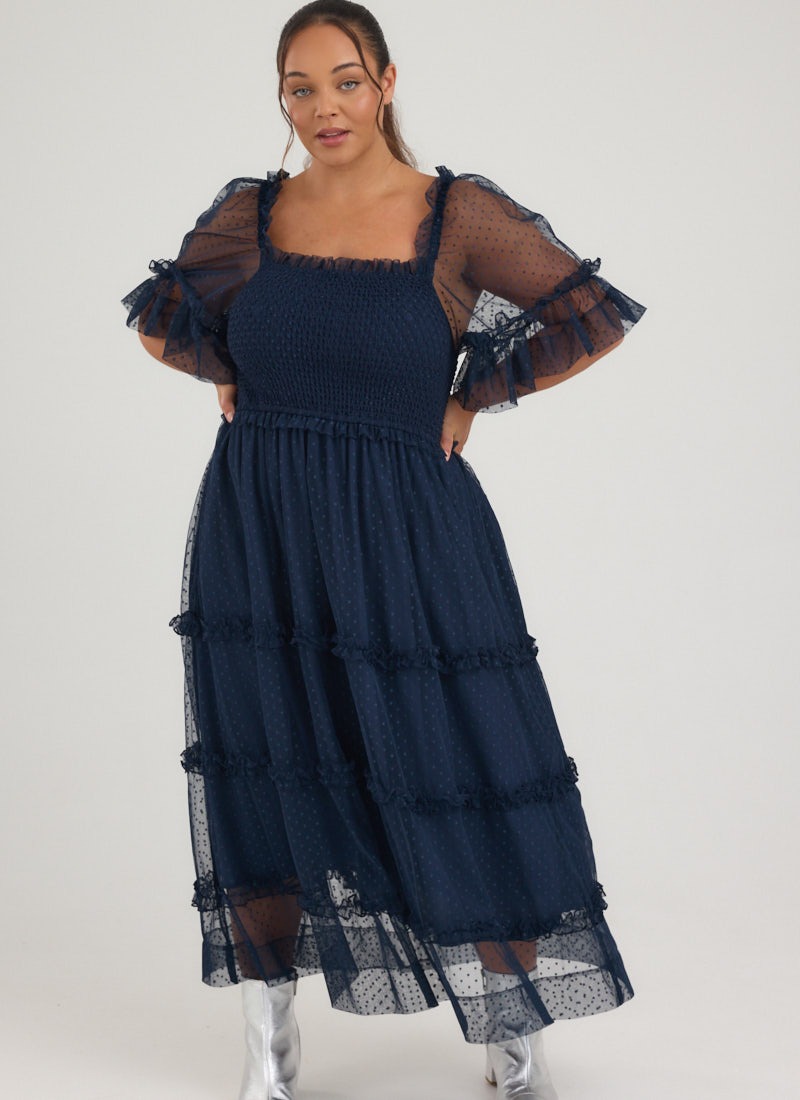 Jemima Square Neck Polka Dot Mesh Dress - Navy