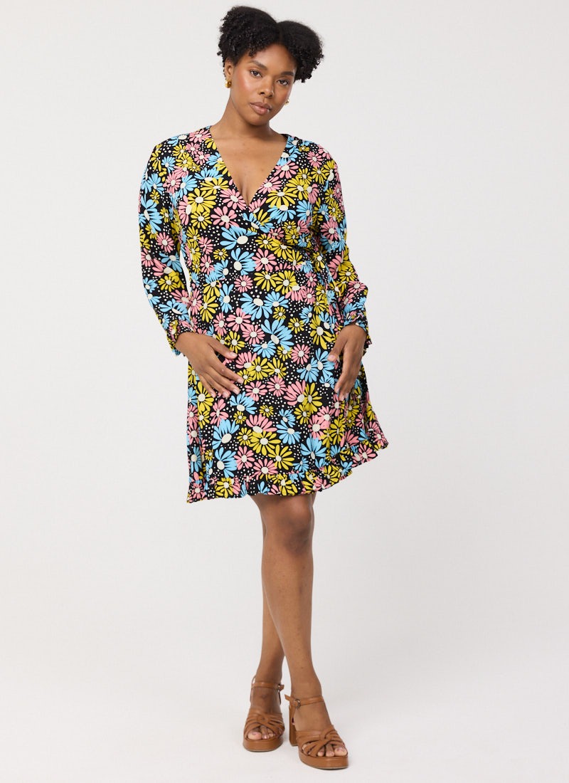Geneva Polka Dot Daisy Print Mini Wrap Dress