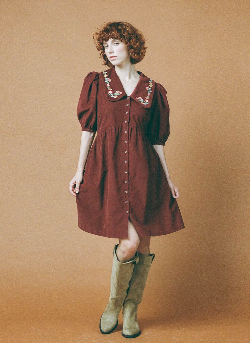 Felicity Embroidered Collar Corduroy Mini Dress - Burgundy