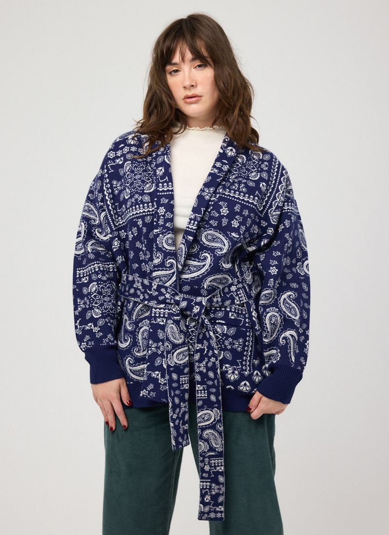 Starsky Bandana Intarsia Belted Grandad Cardigan