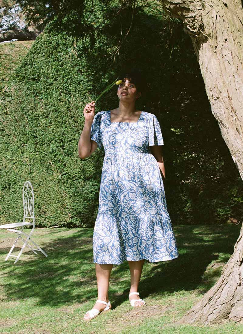 Georgia Tropical Palm Print Square Neck Dress