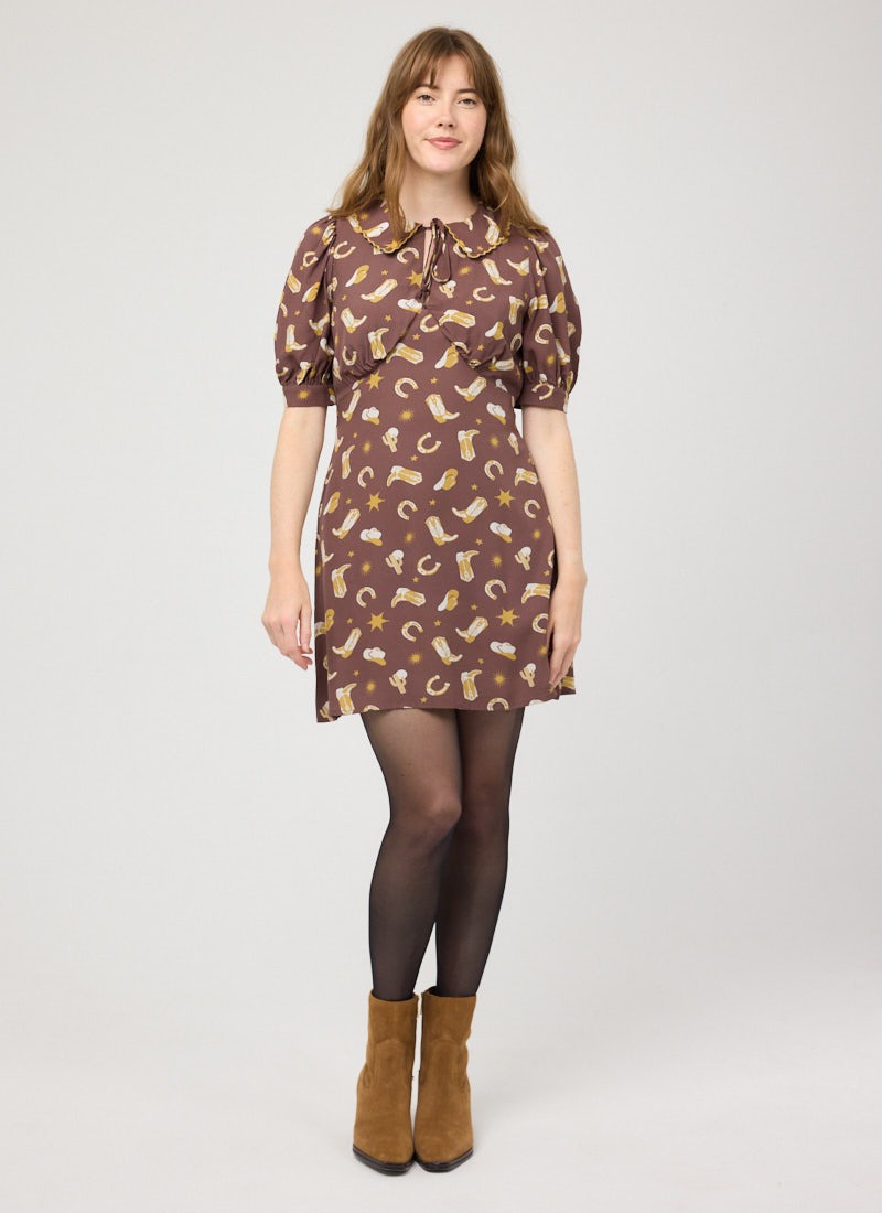 Hattie Western Motif Print Tie Neck Mini Dress