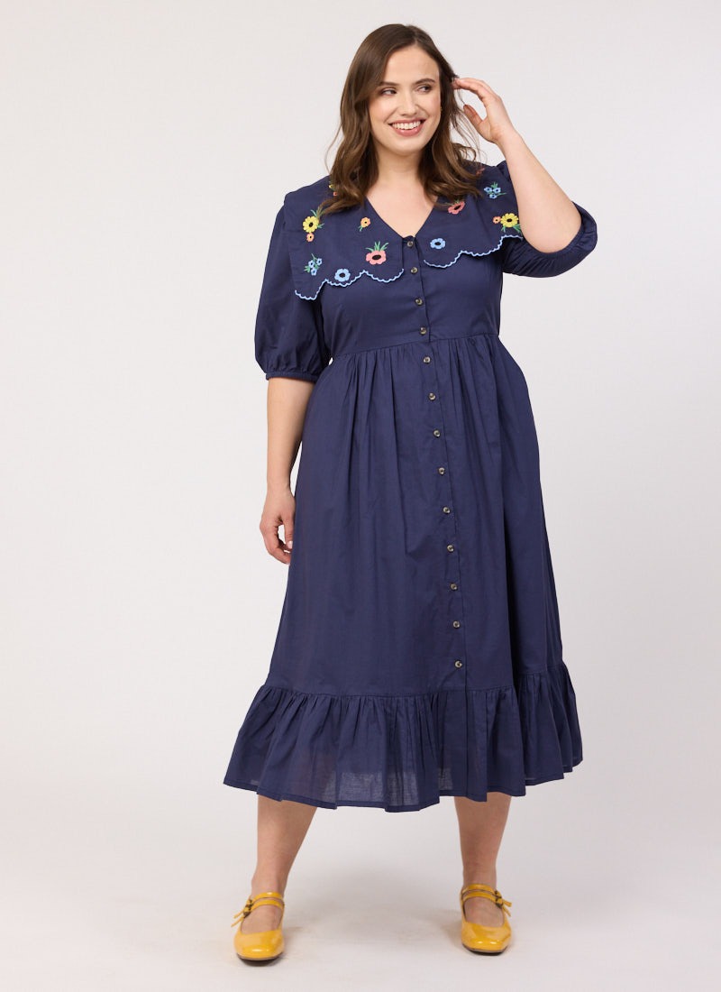 Sailor Embroidered Puff Sleeve Midi Dress