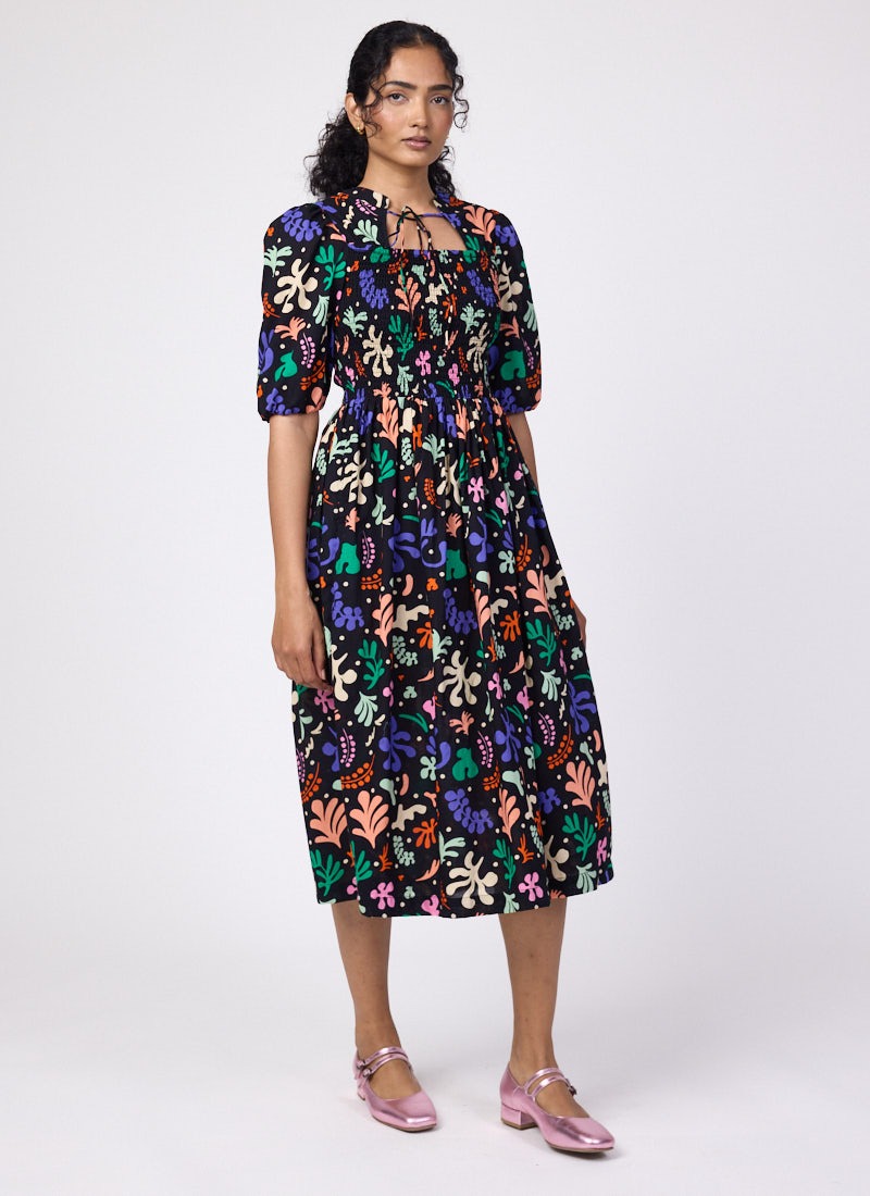 Jesse Modern Art Cut Out Print Tie Neck Midi Dress