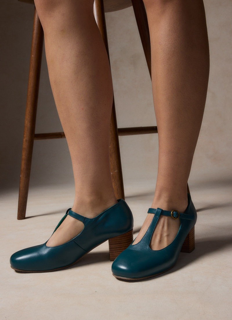 Lille Leather T-Bar Dolly Shoes - Teal
