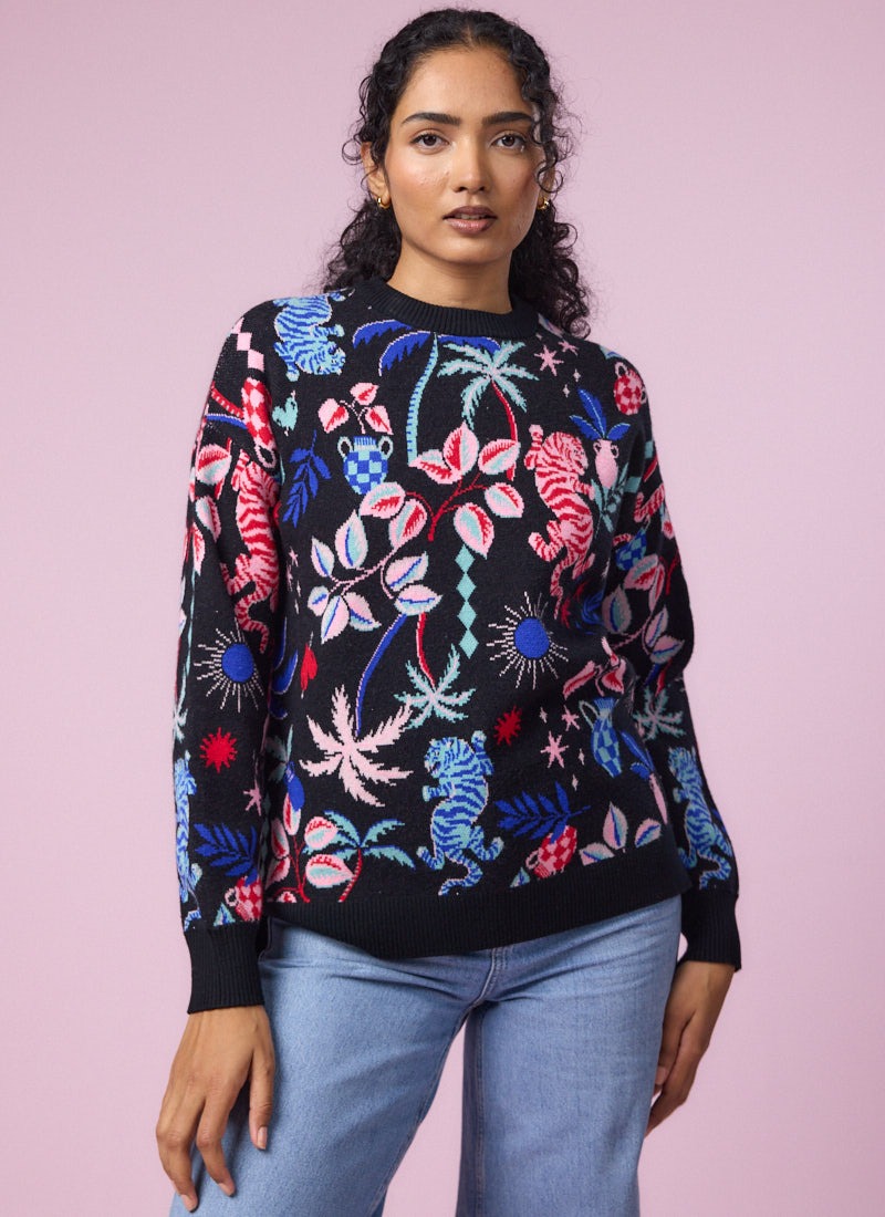 Sydney Tropical Tiger Intarsia Knit Oversized Jumper