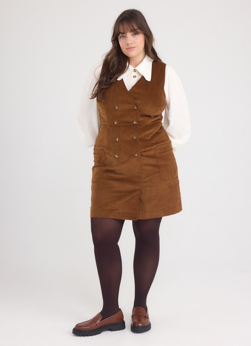 Kendal A-Line Buttoned Pinafore Dress - Brown