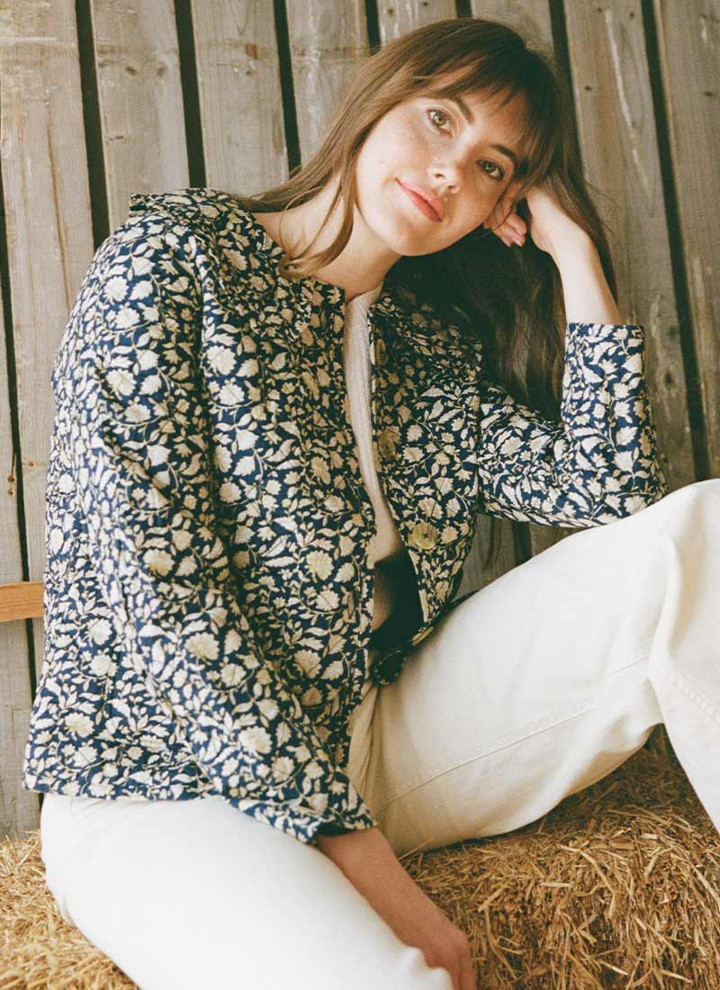 Brooke Navy Floral Print Quilted Collared Jacket