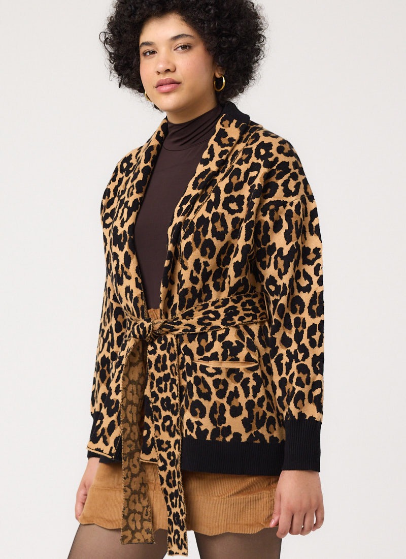 Starsky Leopard Intarsia Belted Grandad Cardigan