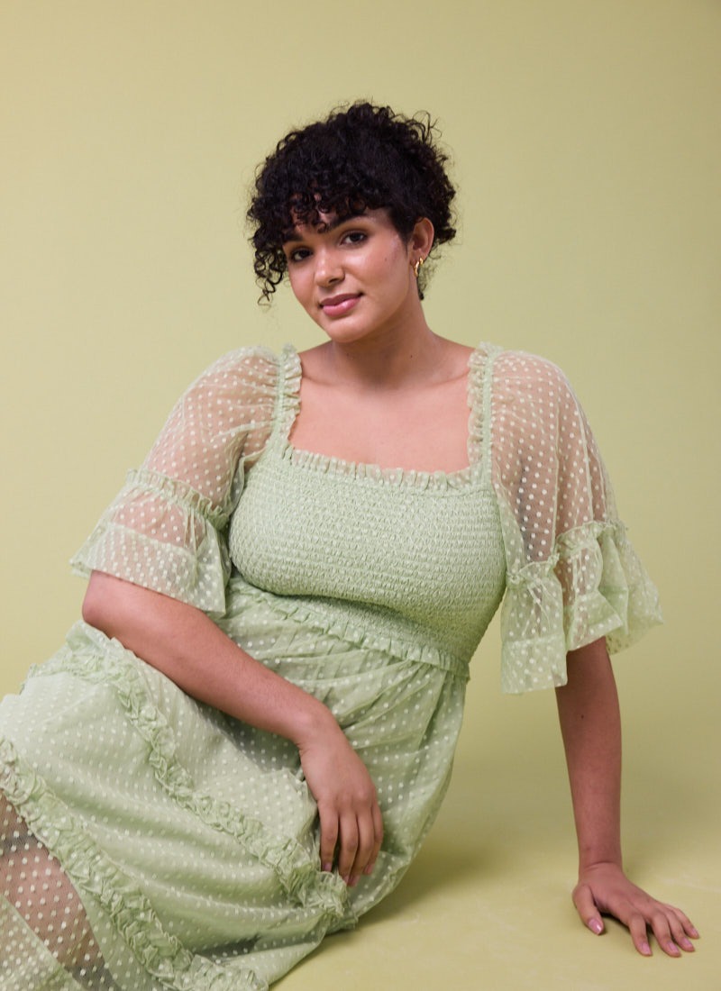 Jini Square Neck Polka Dot Mesh Dress - Green