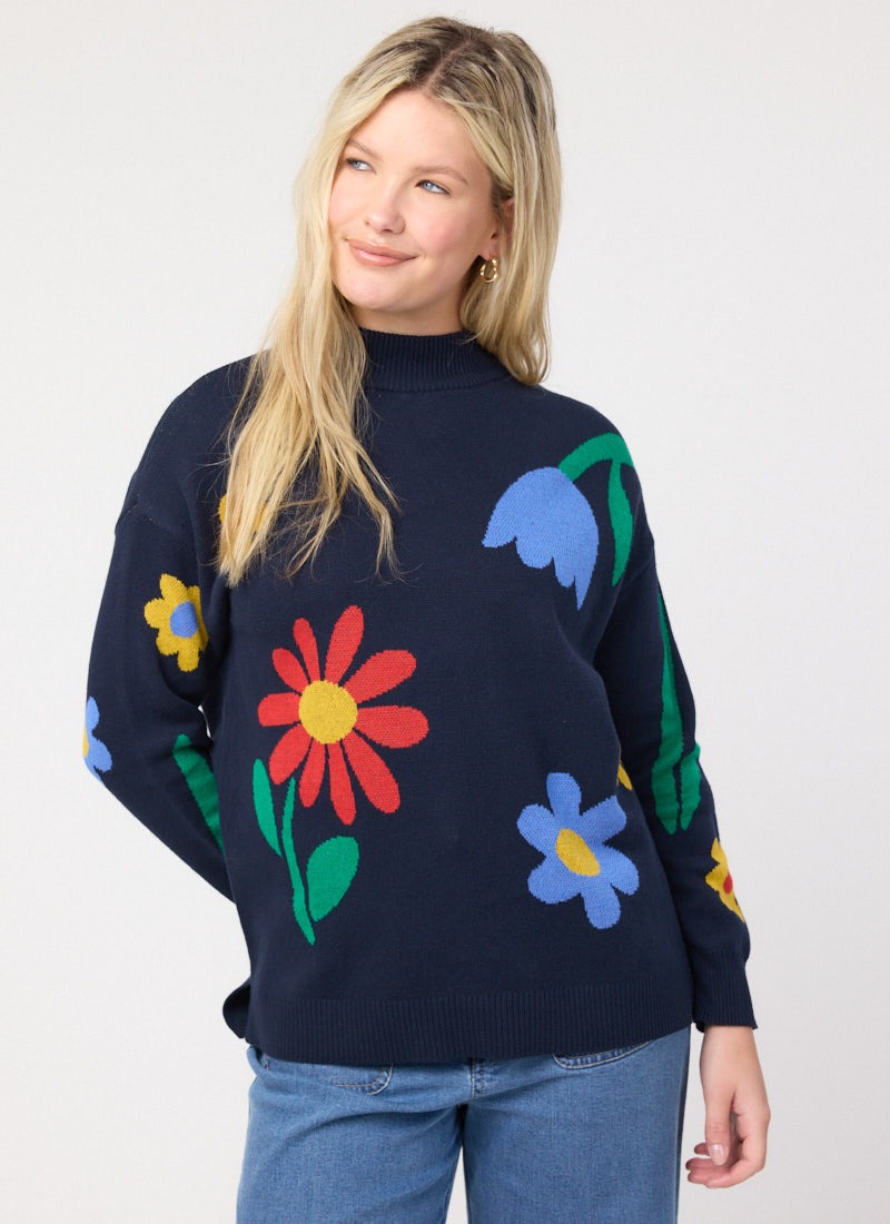 Shiloh Floral Placement Intarsia Oversized Knitted Jumper - Navy
