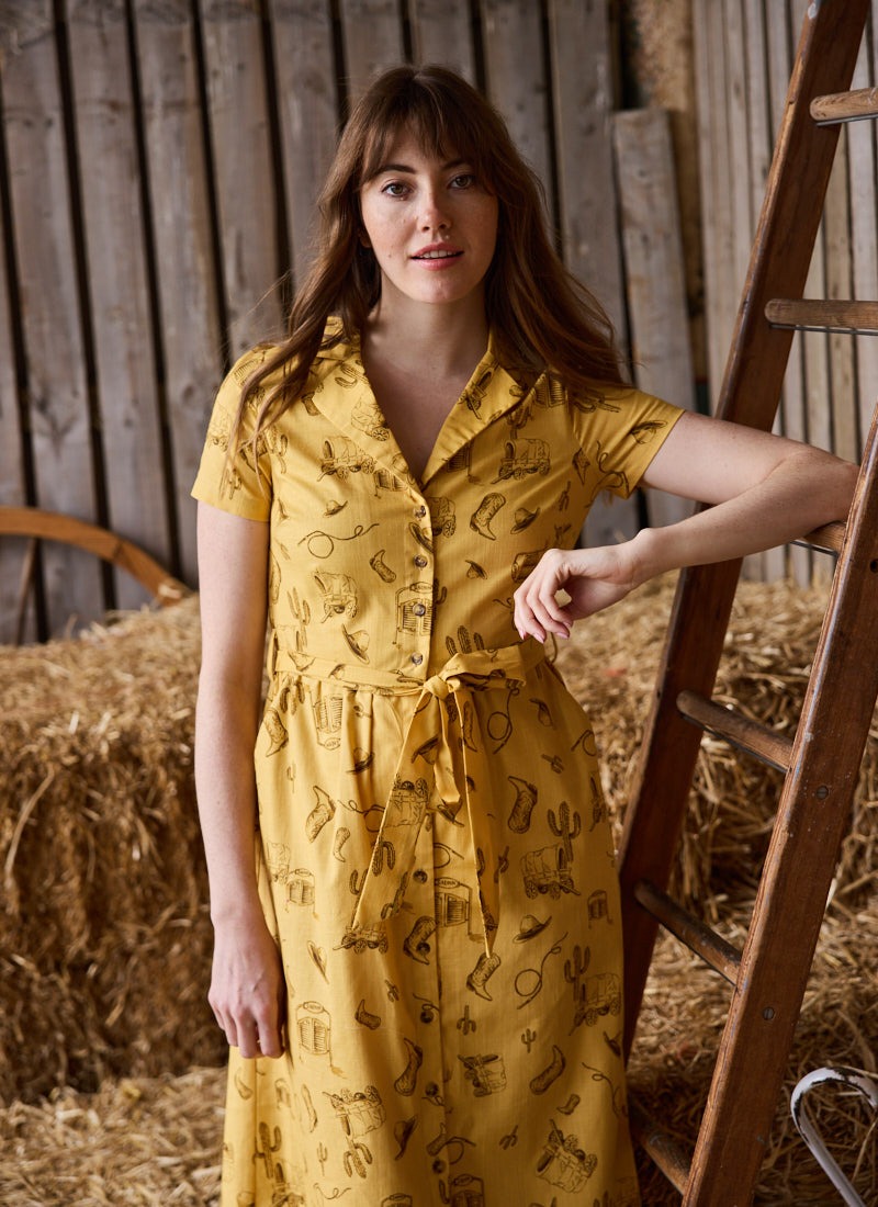 Santorini Western Rodeo Print Belted Midi Dress