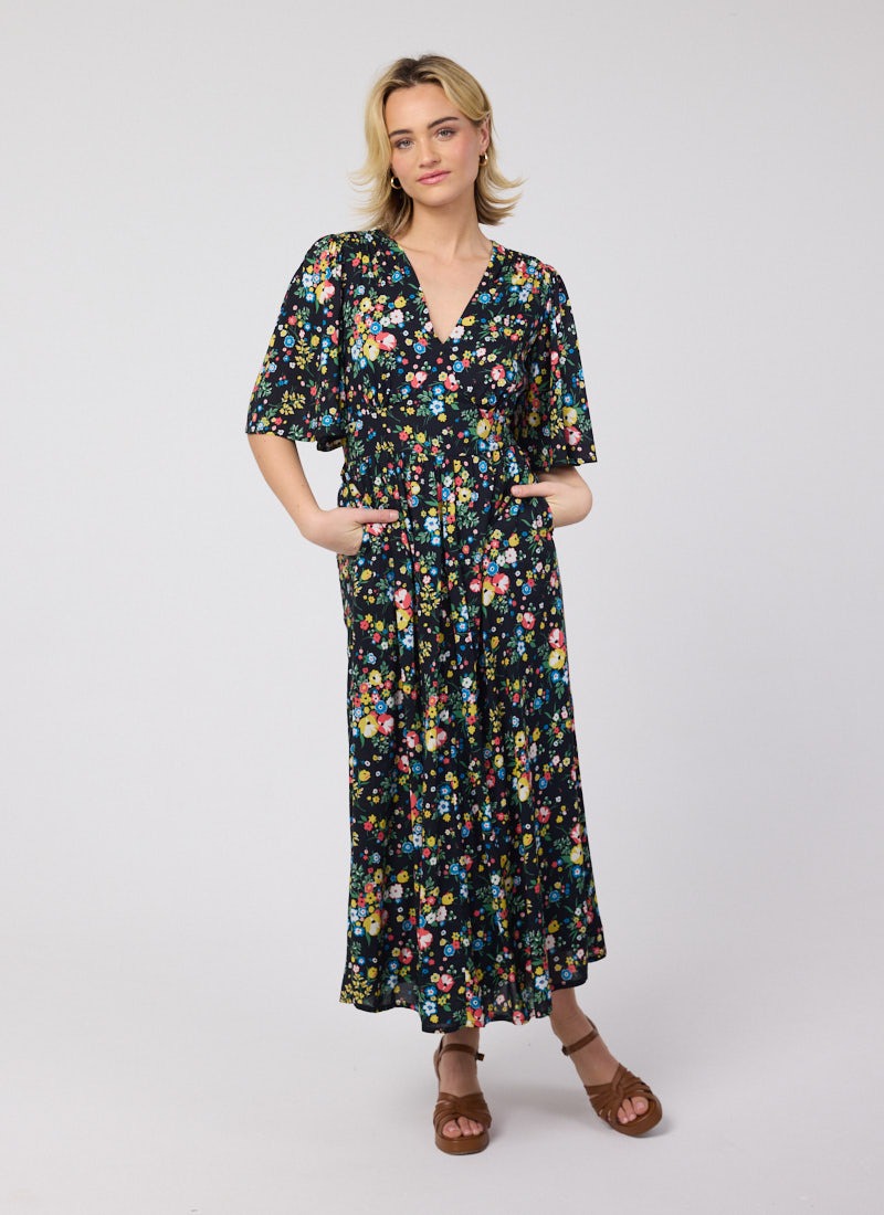Desdemona Black Floral Print Midi Dress