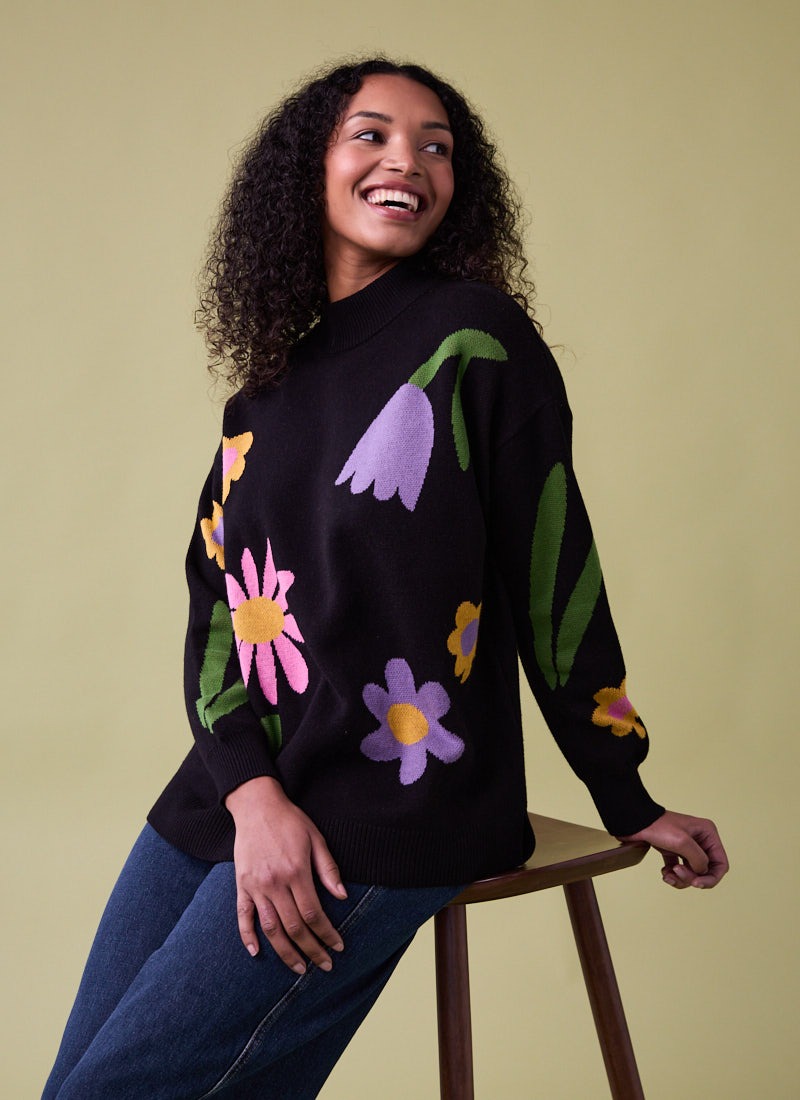 Shiloh Floral Placement Intarsia Oversized Knitted Jumper - Black