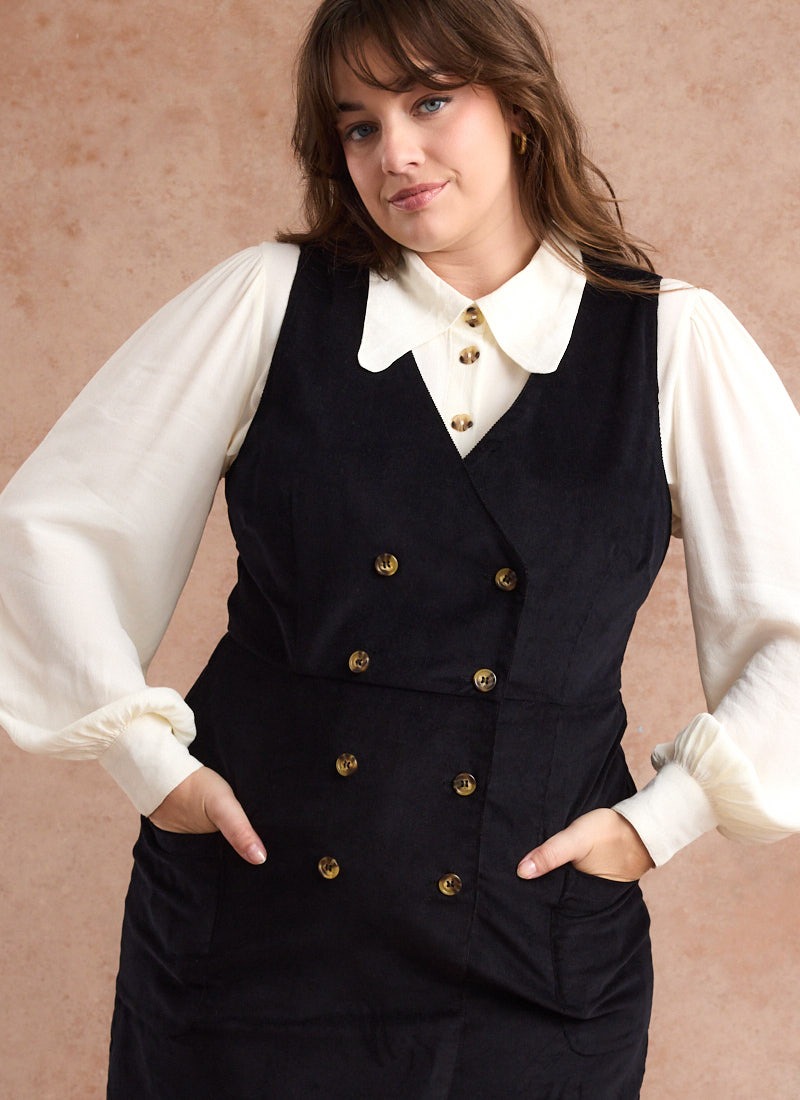 Kendal A-Line Buttoned Corduroy Pinafore Dress - Black