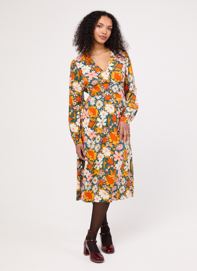 Lucid Retro Floral Print Midi Dress