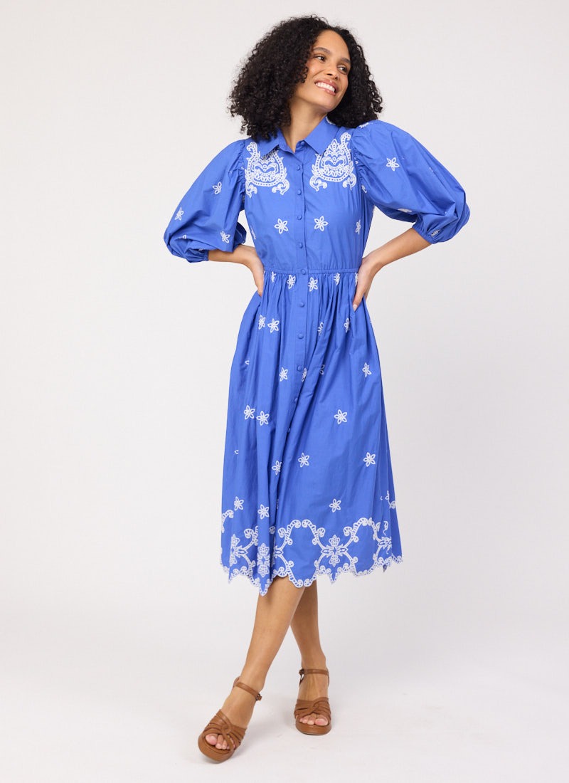 Rachida Embroidered Western Shirt Dress - Blue