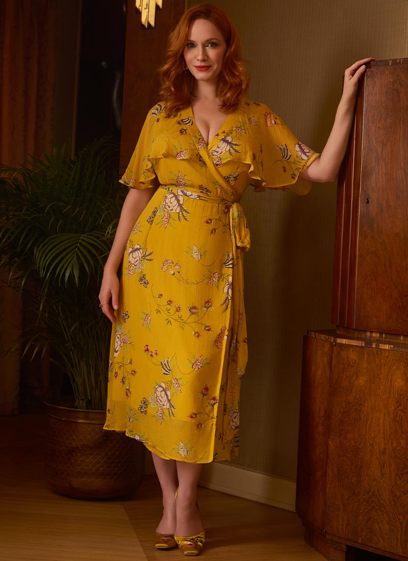 Christina Hendricks X Joanie - Honeysuckle Gold Floral Cape Sleeve Wrap Dress