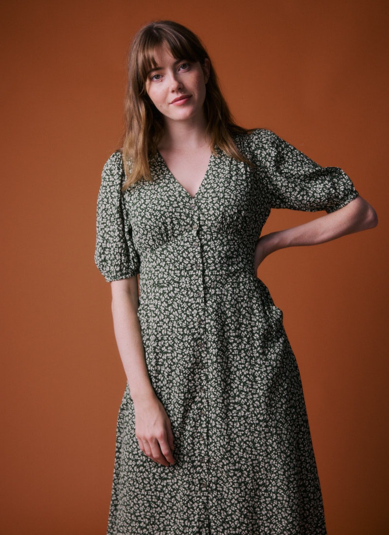 Rebecca Sage Ditsy Floral Print Puff Sleeve Midi Dress