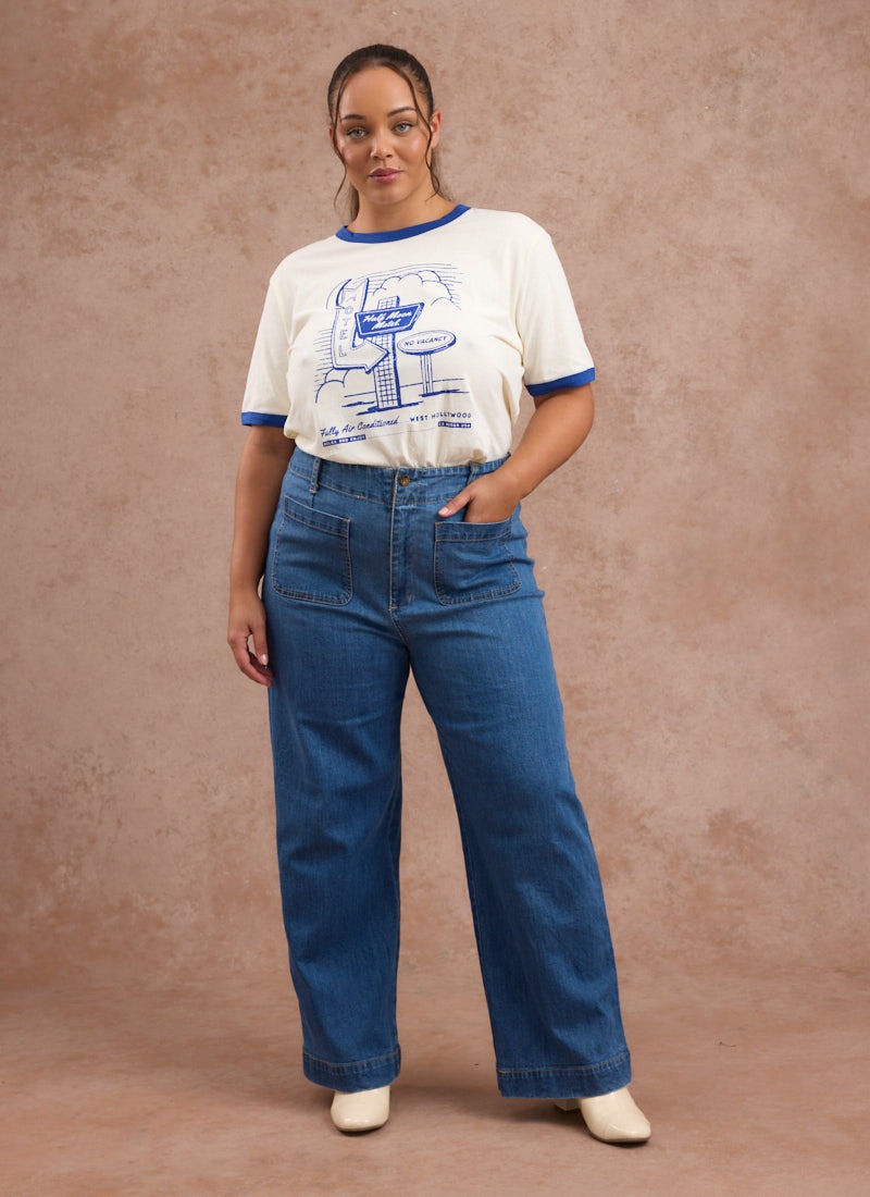 Mollie Half Moon Motel Graphic Ringer Tee