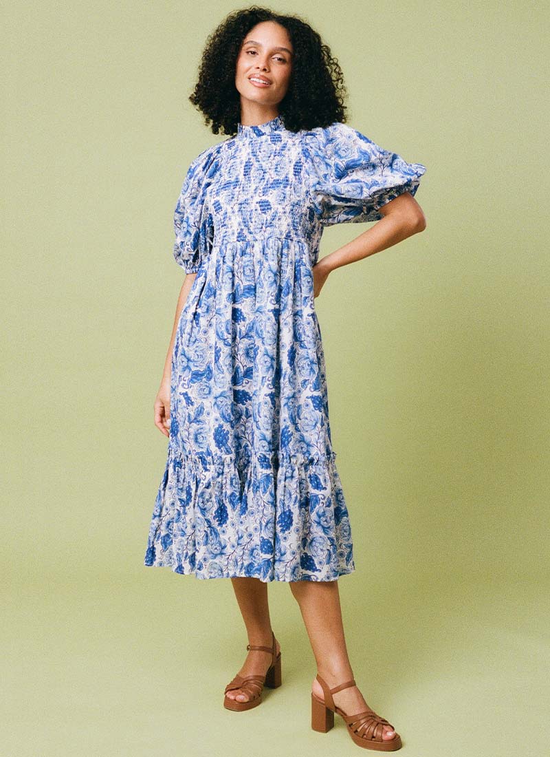 Priya Blue Floral Print Puff Sleeve Midi Dress