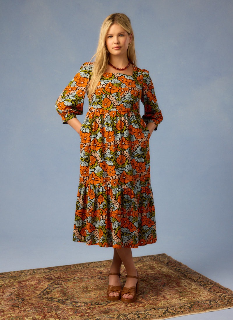 Candi Vintage Floral Print Square Neck Midi Dress