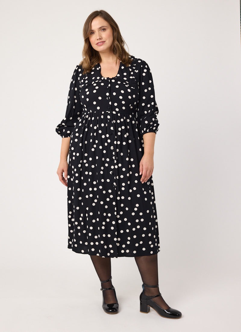 Bethan Polka Dot Print Oversized Collar Midi Dress