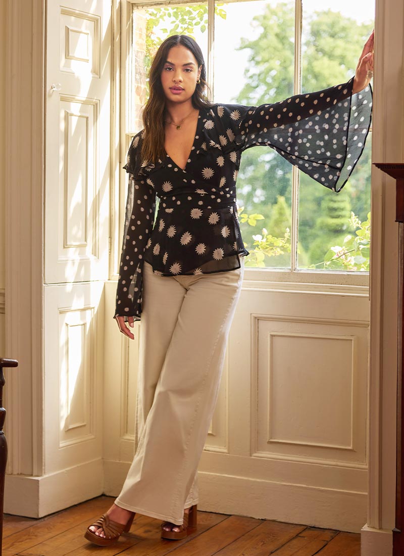 Celia Birtwell X Joanie - Petite Daisy Flared Sleeve Ruffle Neck Wrap Blouse