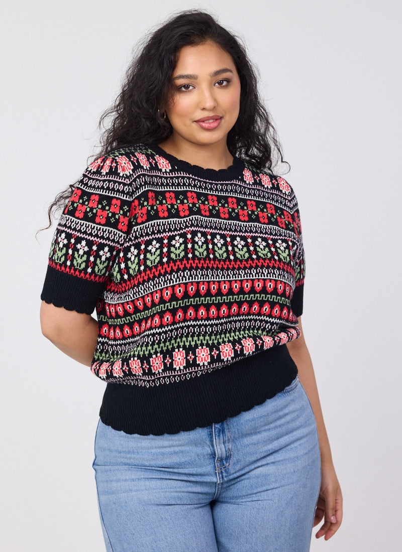 Clare Fair Isle Scalloped Short Sleeve Knitted Top - Black