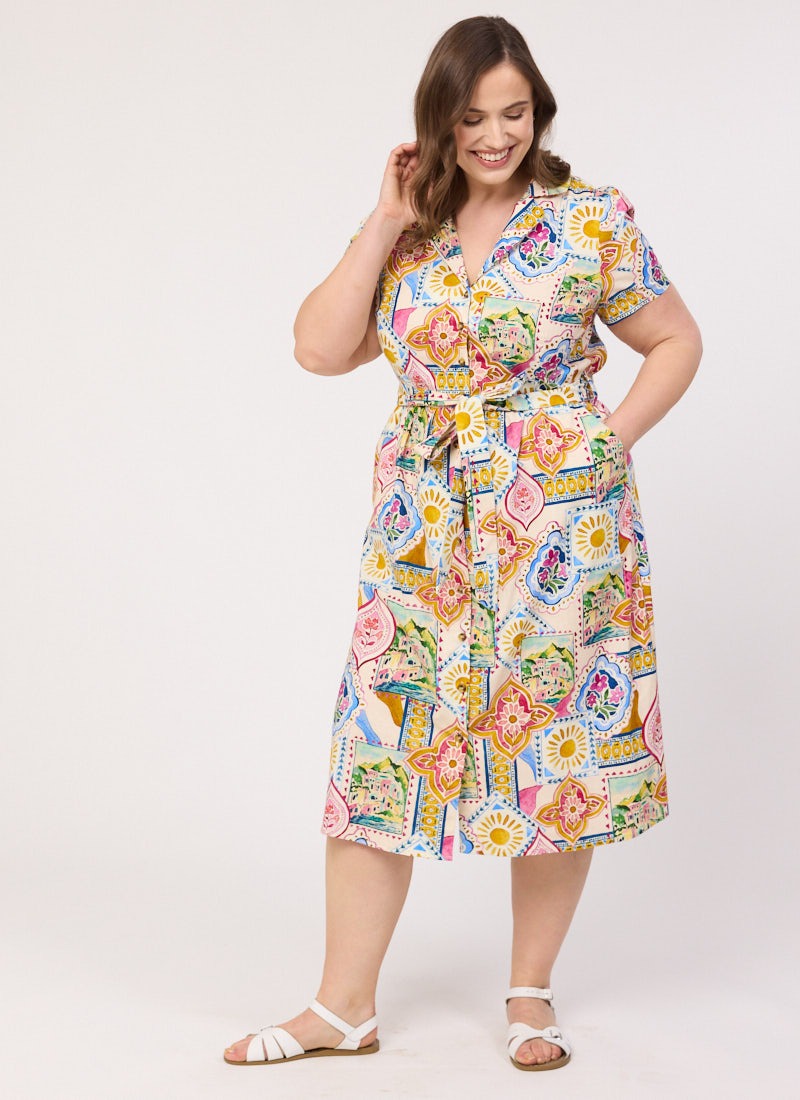 Santorini Postcard Print Belted Midi Dress