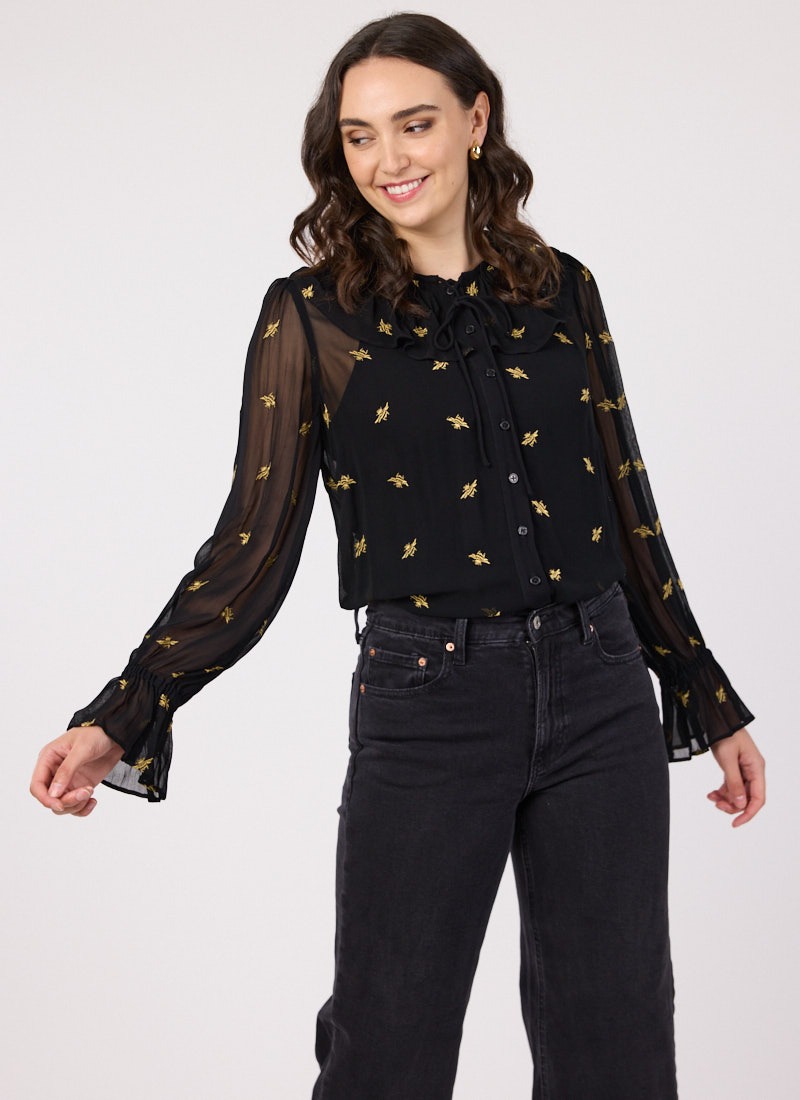 Meera Bee Flounce Collar Sheer Embroidered Blouse
