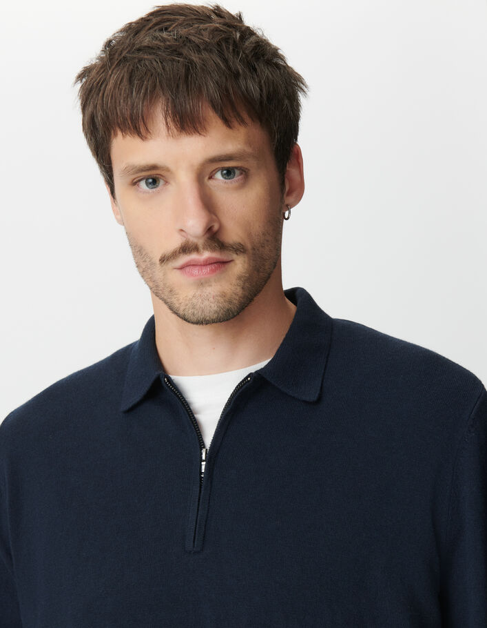 Polo marine col zipp&eacute; manches longues Homme