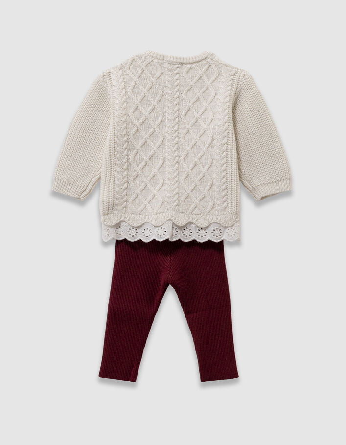 Ensemble pull &eacute;cru et leggings bordeaux tricot b&eacute;b&eacute; fille