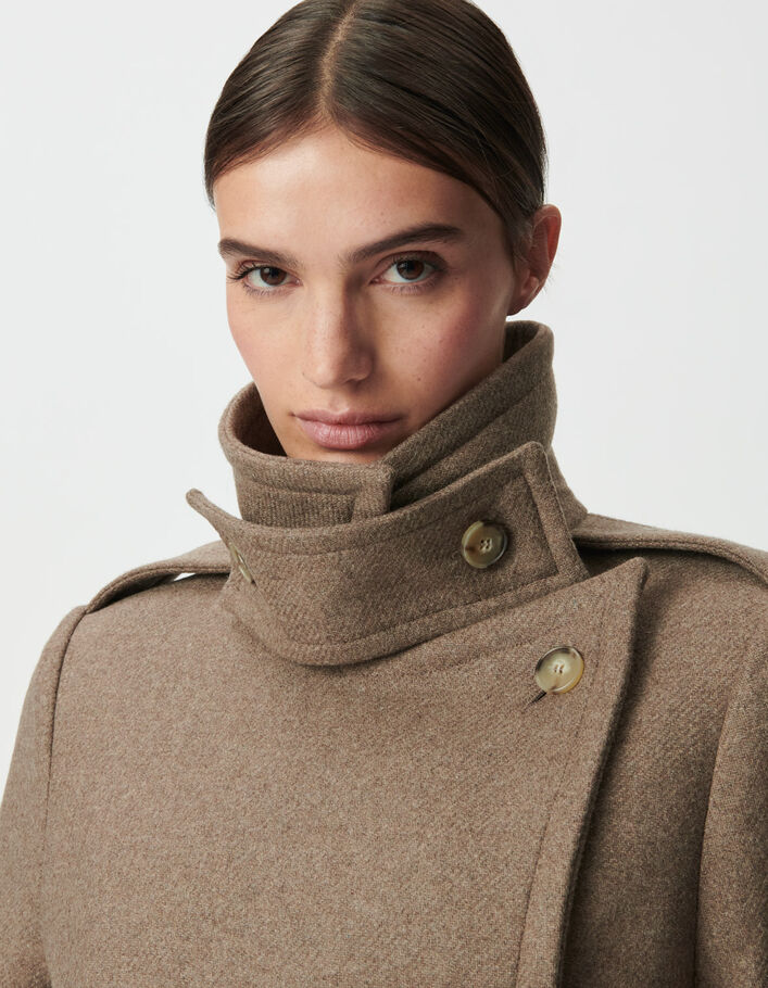 Manteau long beige lainage esprit caban ceintur&eacute; Femme