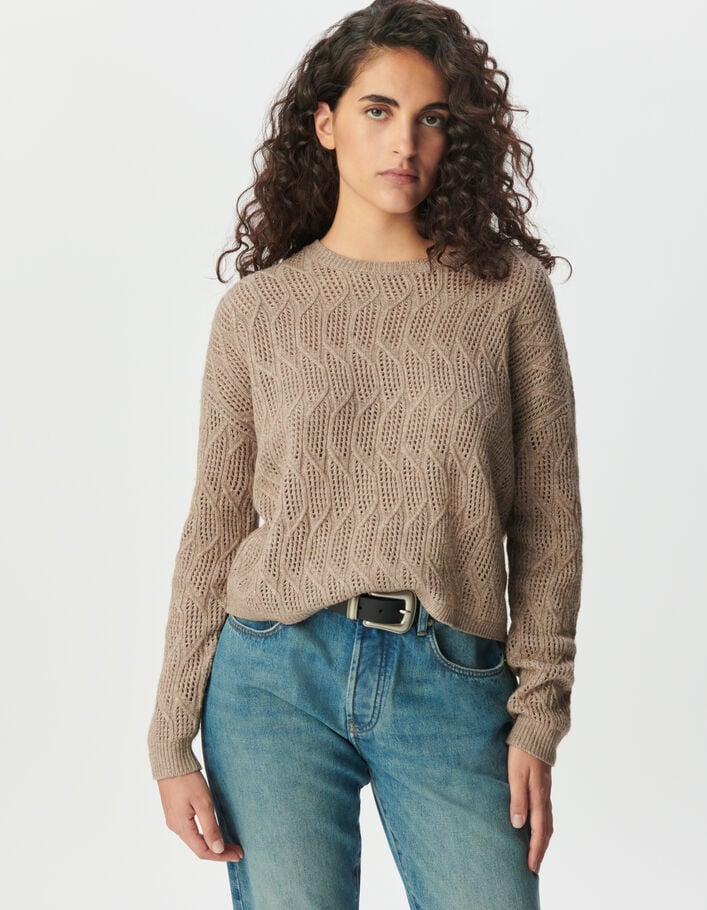 Pull beige tricot fantaisie ajour&eacute; Femme