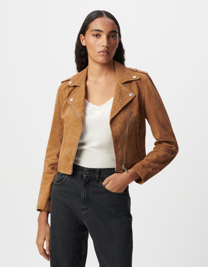 Blouson camel cuir velours esprit motard Femme