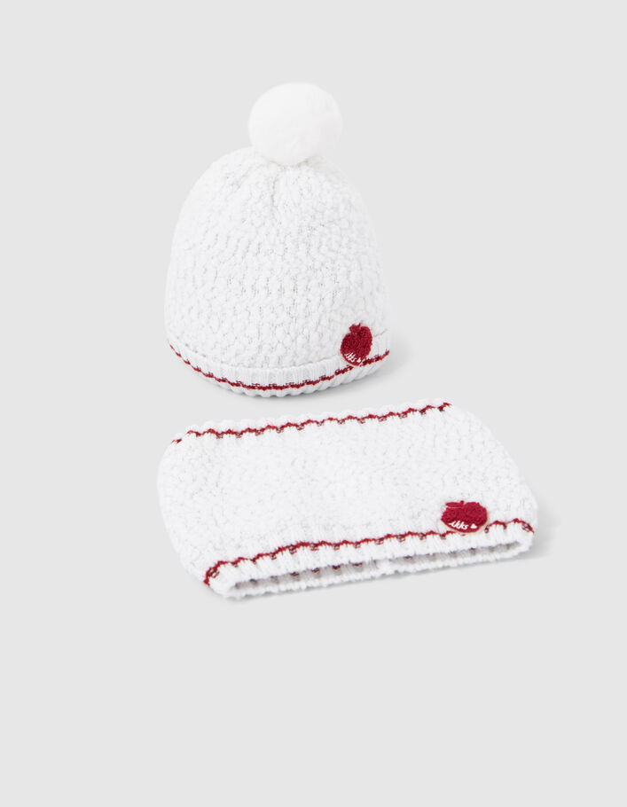 Bonnet et snood &eacute;cru tricot brod&eacute; coeur-pomme b&eacute;b&eacute; fille