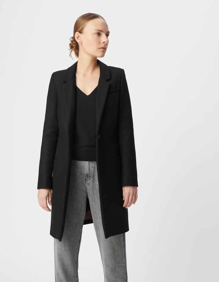 Manteau mi-long noir capuche matelass&eacute;e amovible Femme