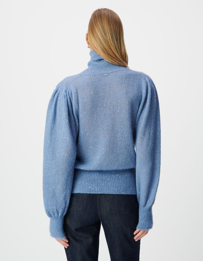 Pull col roul&eacute; bleu tricot sequins manches ballon Femme