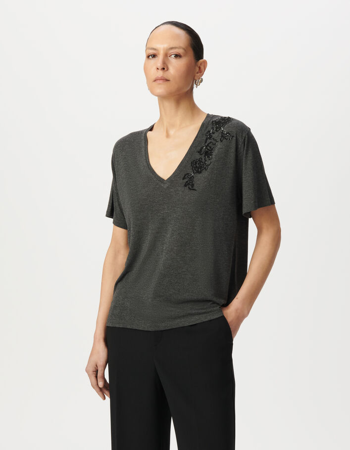 Tee-shirt gris fleurs sequins brod&eacute;s Femme