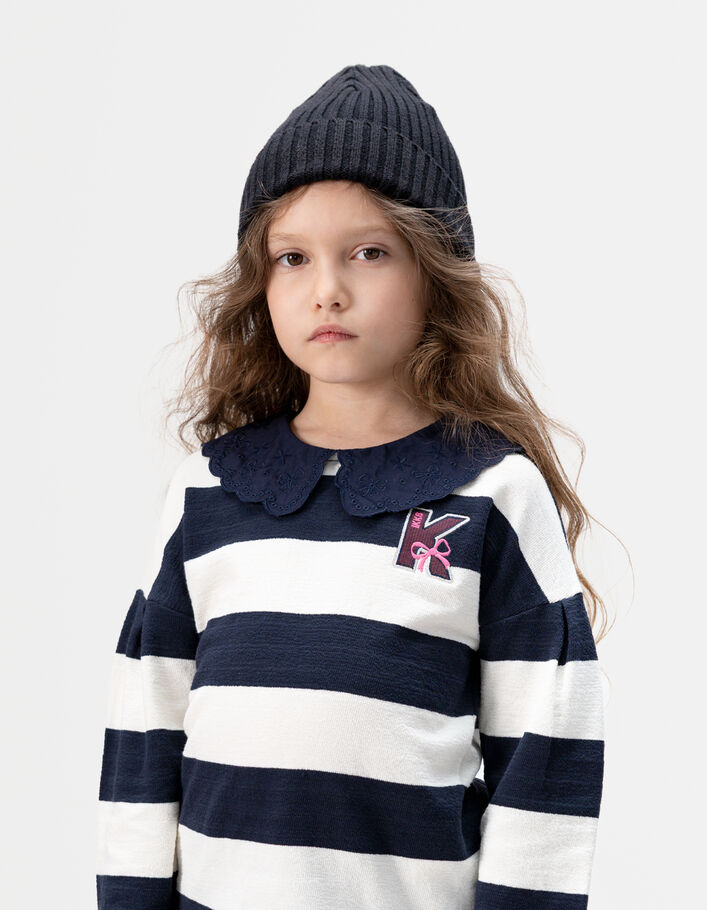 T-shirt marini&egrave;re marine ray&eacute; &eacute;cru col brod&eacute; fille