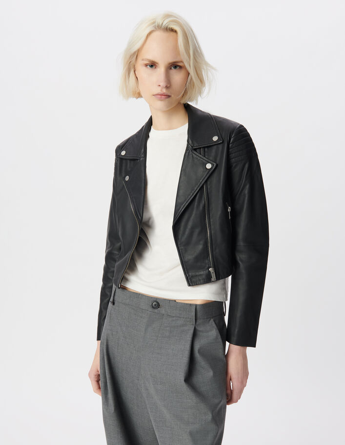 Blouson court noir cuir &eacute;paules matelass&eacute;es Femme