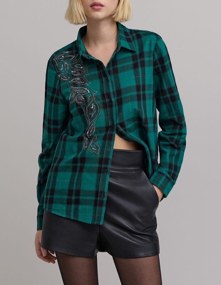 Chemise verte motif carreaux broderies perles Femme