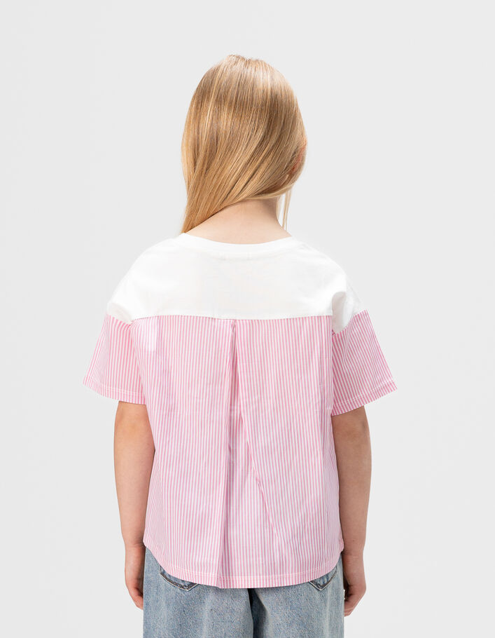 T-shirt blanc manches courtes ray&eacute;es rose fille