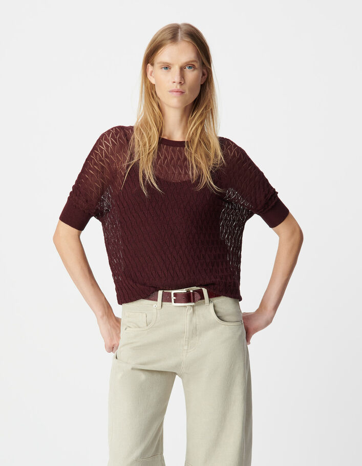 Pull bordeaux tricot fin ajour&eacute; lurex Femme